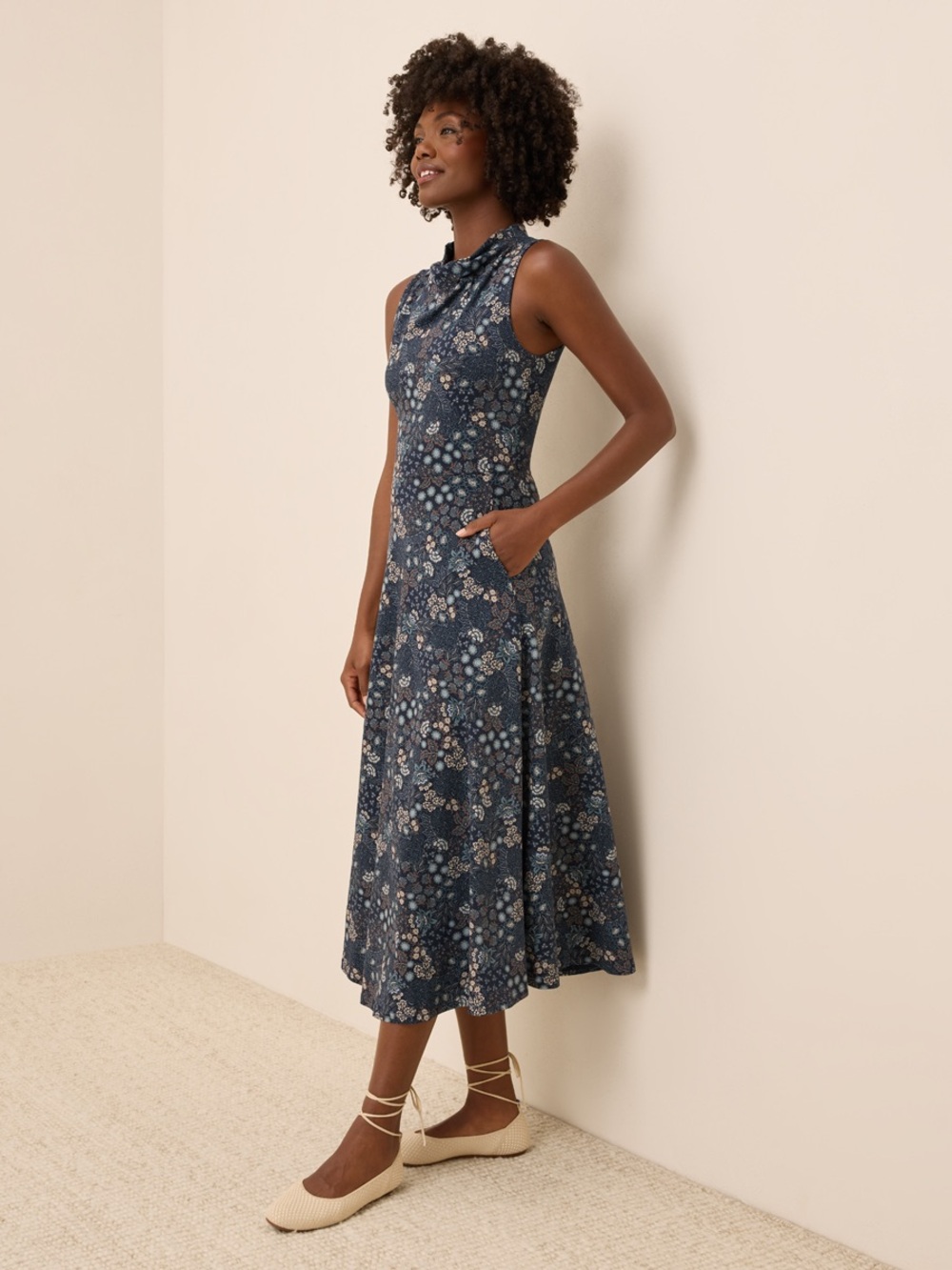Pact Organic Sleeveless Navy Floral Maxi Dress with Faux Draped Neck size M